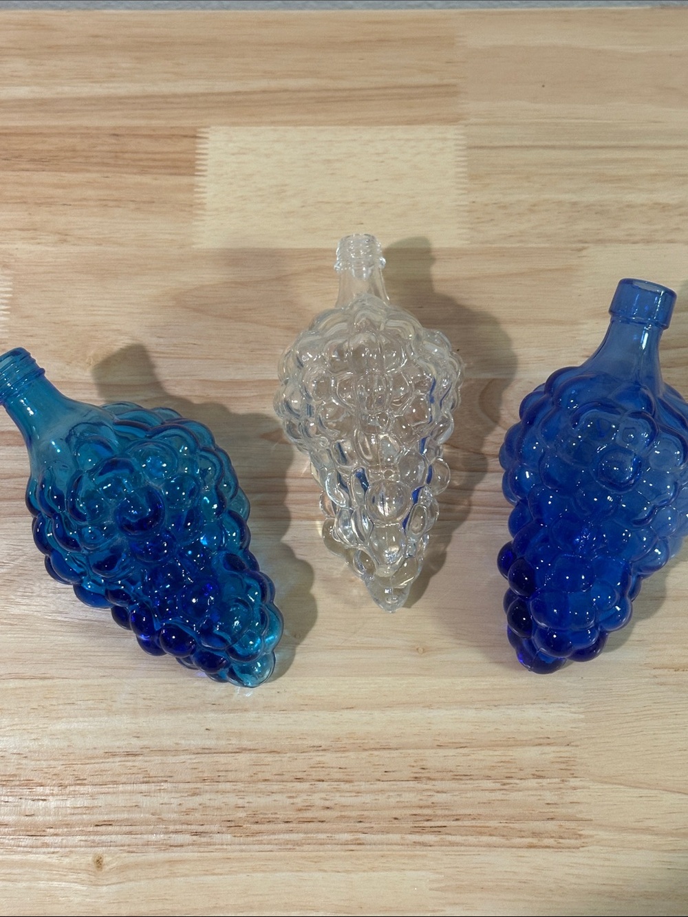 VTG Glass Grape Cluster Bottles Lot of 3 Mid Century Blue Clear Italy Turkey